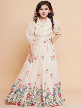 Girls Beige Peacock Printed Ready to wear Lehenga with Choli for Kids - Bhama - Distacart