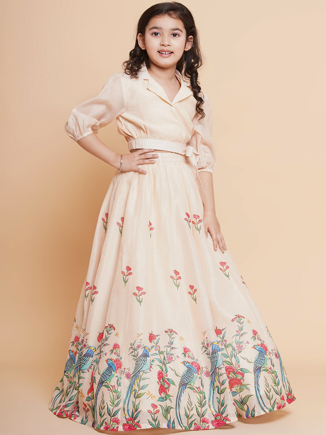 Girls Beige Peacock Printed Ready to wear Lehenga with Choli for Kids - Bhama - Distacart