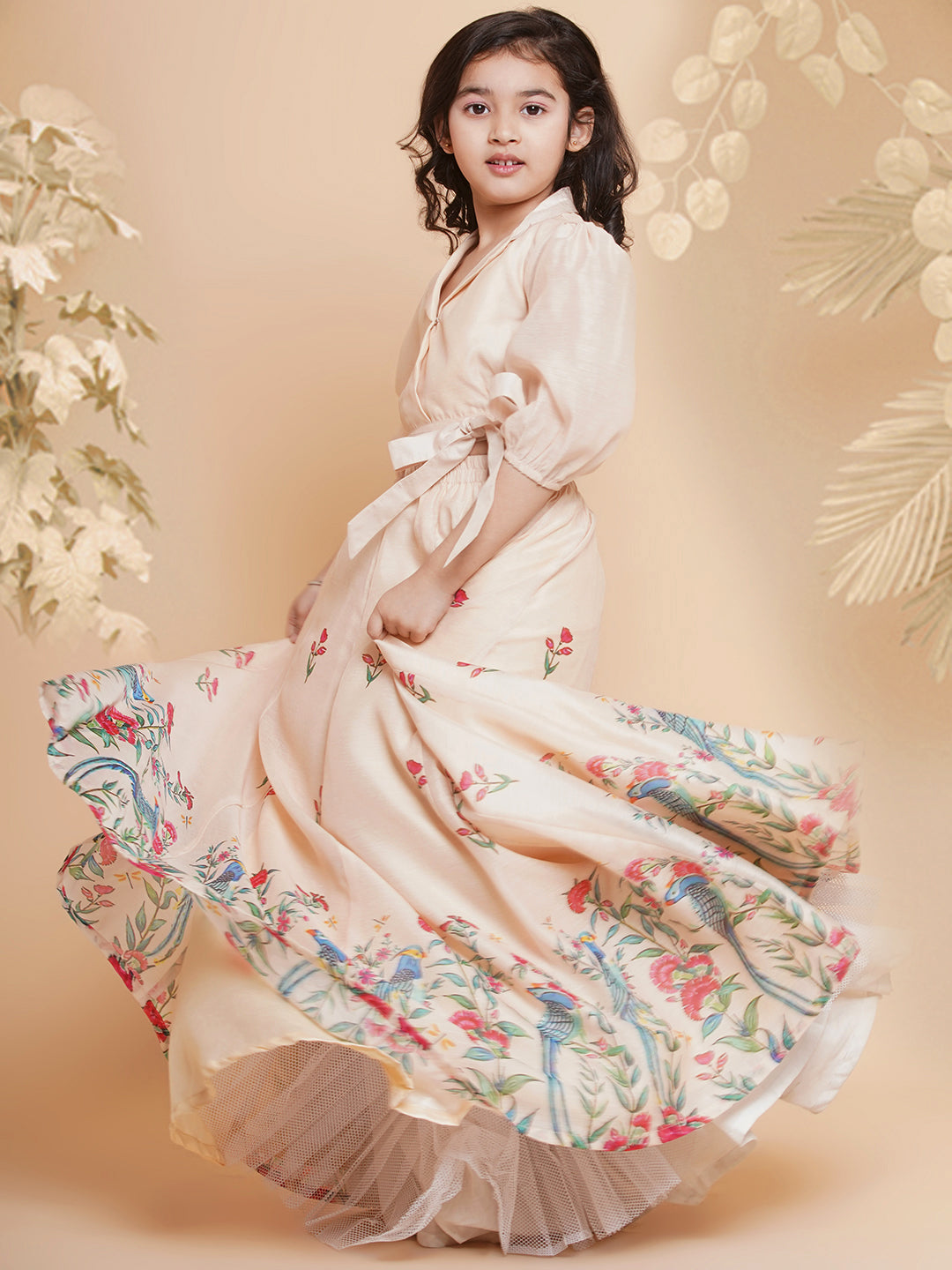 Girls Beige Peacock Printed Ready to wear Lehenga with Choli for Kids - Bhama - Distacart