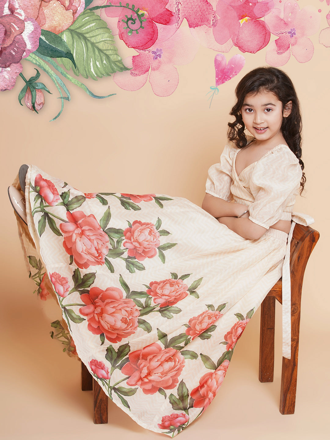 Girls Beige Rose Flower Ready To Wear Lehenga With Choli for Kids - Bhama - Distacart