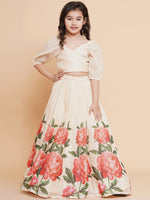 Thumbnail for Girls Beige Rose Flower Ready To Wear Lehenga With Choli for Kids - Bhama - Distacart