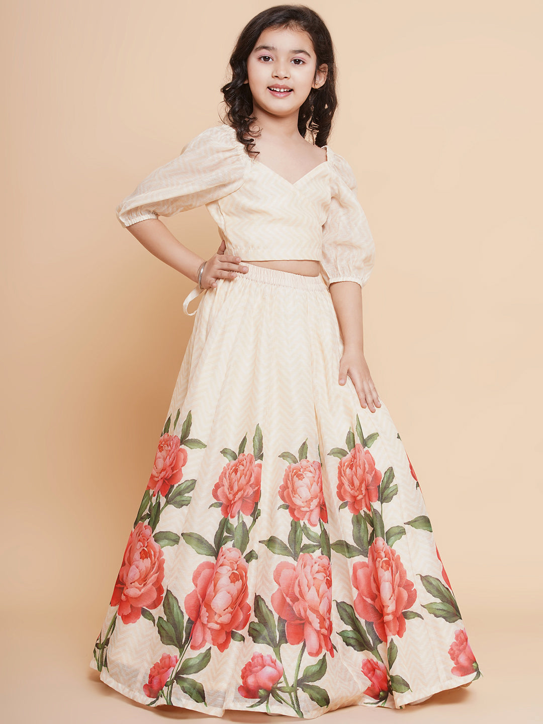 Girls Beige Rose Flower Ready To Wear Lehenga With Choli for Kids - Bhama - Distacart