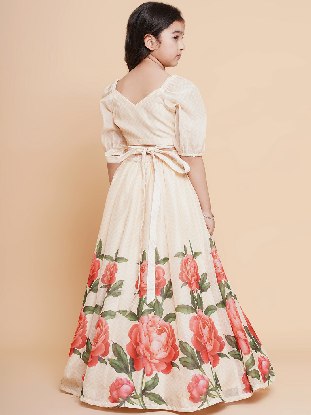 Girls Beige Rose Flower Ready To Wear Lehenga With Choli for Kids - Bhama - Distacart