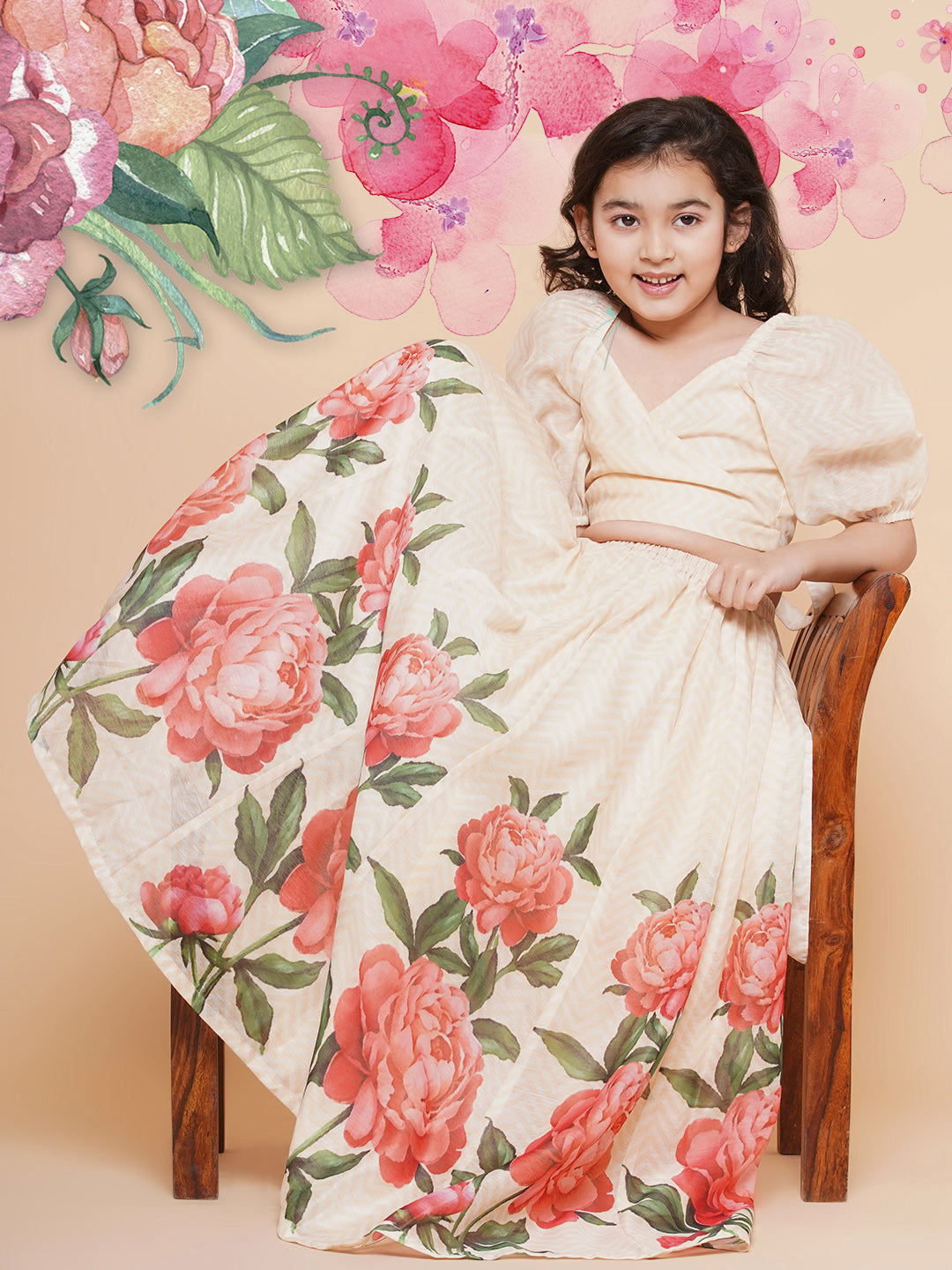 Girls Beige Rose Flower Ready To Wear Lehenga With Choli for Kids - Bhama - Distacart