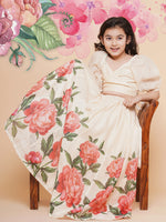Thumbnail for Girls Beige Rose Flower Ready To Wear Lehenga With Choli for Kids - Bhama - Distacart