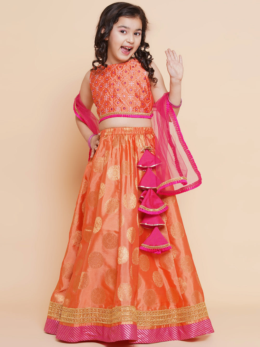 Girls Peach Mirror Embroidered Lace Detailed Choli With Lehenga And Dupatta for Kids - Bhama - Distacart