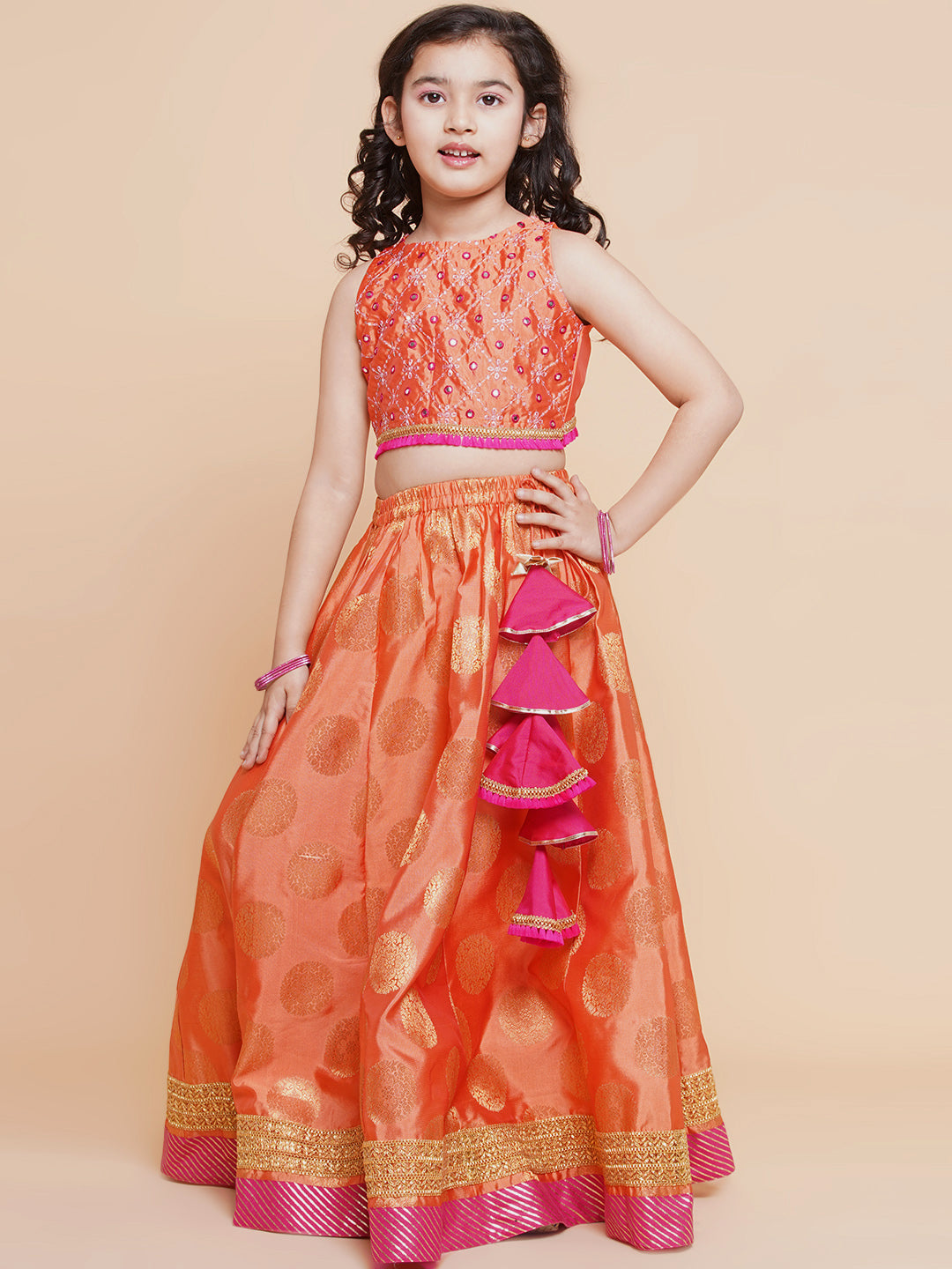 Girls Peach Mirror Embroidered Lace Detailed Choli With Lehenga And Dupatta for Kids - Bhama - Distacart