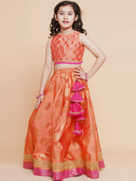 Thumbnail for Girls Peach Mirror Embroidered Lace Detailed Choli With Lehenga And Dupatta for Kids - Bhama - Distacart