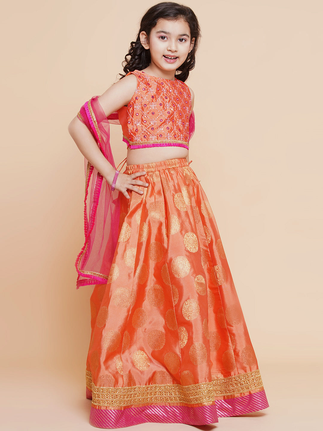 Girls Peach Mirror Embroidered Lace Detailed Choli With Lehenga And Dupatta for Kids - Bhama - Distacart