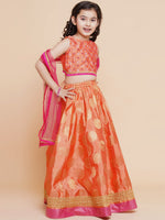 Thumbnail for Girls Peach Mirror Embroidered Lace Detailed Choli With Lehenga And Dupatta for Kids - Bhama - Distacart