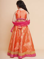 Thumbnail for Girls Peach Mirror Embroidered Lace Detailed Choli With Lehenga And Dupatta for Kids - Bhama - Distacart