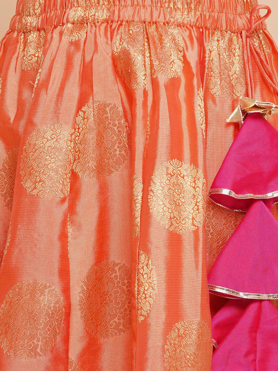 Girls Peach Mirror Embroidered Lace Detailed Choli With Lehenga And Dupatta for Kids - Bhama - Distacart