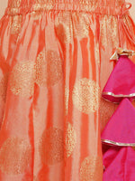 Thumbnail for Girls Peach Mirror Embroidered Lace Detailed Choli With Lehenga And Dupatta for Kids - Bhama - Distacart