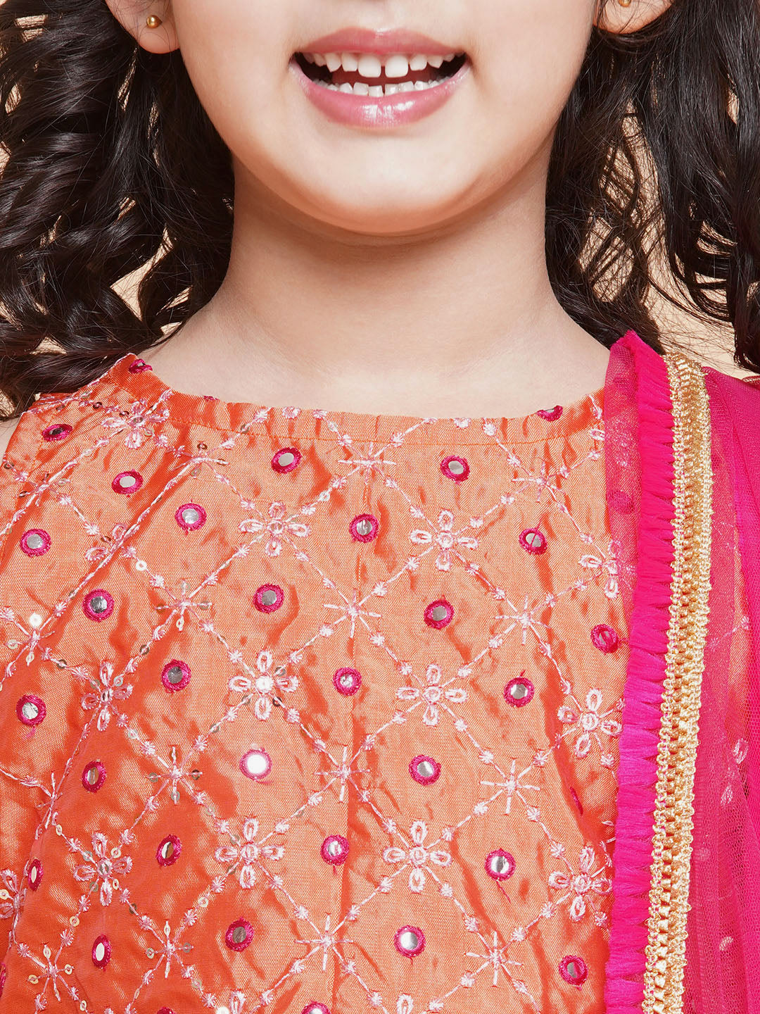 Girls Peach Mirror Embroidered Lace Detailed Choli With Lehenga And Dupatta for Kids - Bhama - Distacart