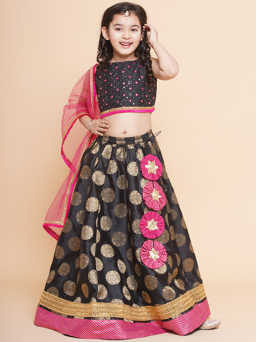 Girls Black & Gold-Toned Embroidered Ready To Wear Lehenga & Blouse With Dupatta for Kids - Bhama - Distacart
