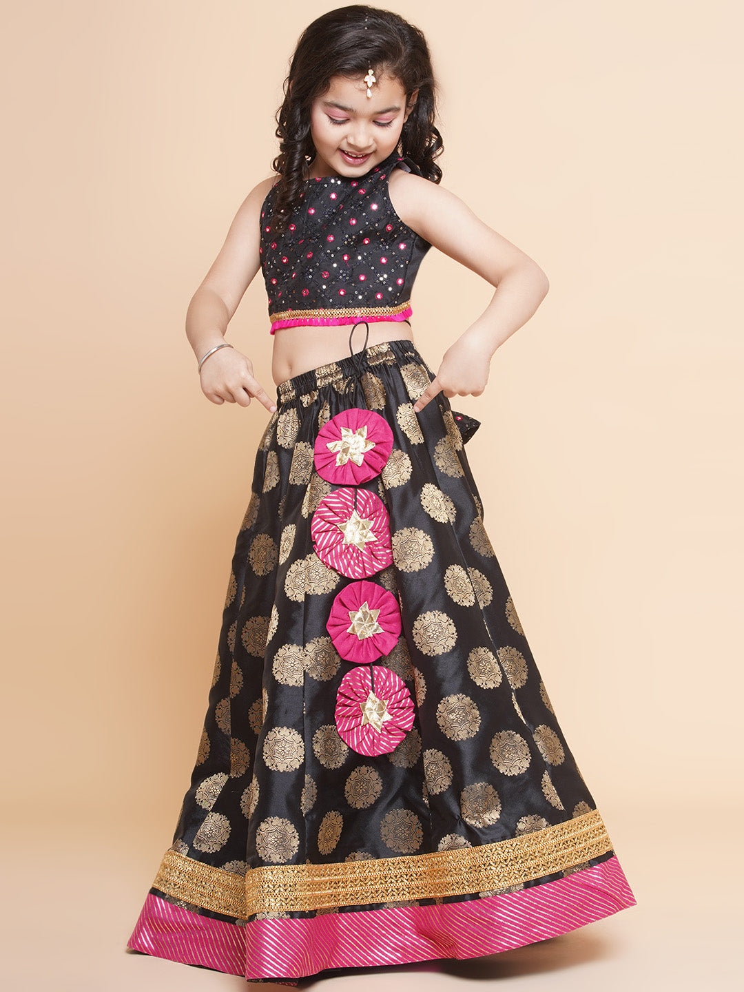 Girls Black & Gold-Toned Embroidered Ready To Wear Lehenga & Blouse With Dupatta for Kids - Bhama - Distacart