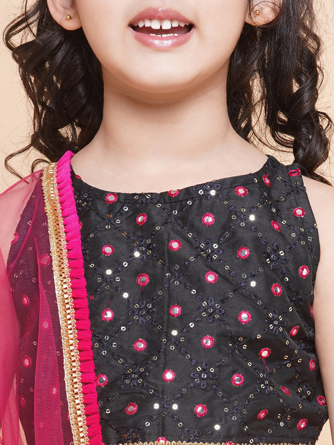 Girls Black & Gold-Toned Embroidered Ready To Wear Lehenga & Blouse With Dupatta for Kids - Bhama - Distacart