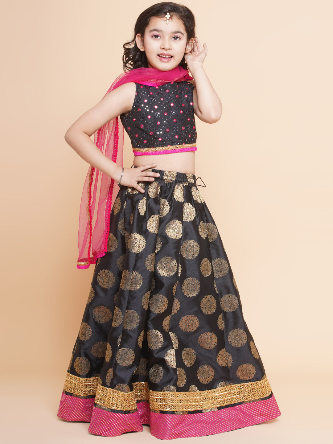 Girls Black & Gold-Toned Embroidered Ready To Wear Lehenga & Blouse With Dupatta for Kids - Bhama - Distacart