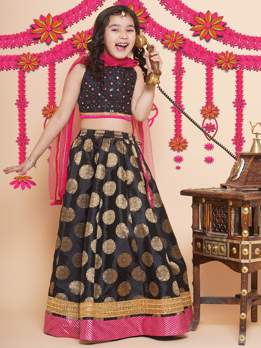 Girls Black & Gold-Toned Embroidered Ready To Wear Lehenga & Blouse With Dupatta for Kids - Bhama - Distacart