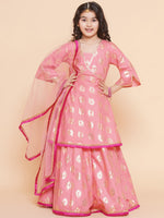 Thumbnail for Girls Peach Foil Printed Lace Work Lehenga,Choli With Dupatta. for Kids - Bhama - Distacart