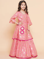 Thumbnail for Girls Peach Foil Printed Lace Work Lehenga,Choli With Dupatta. for Kids - Bhama - Distacart