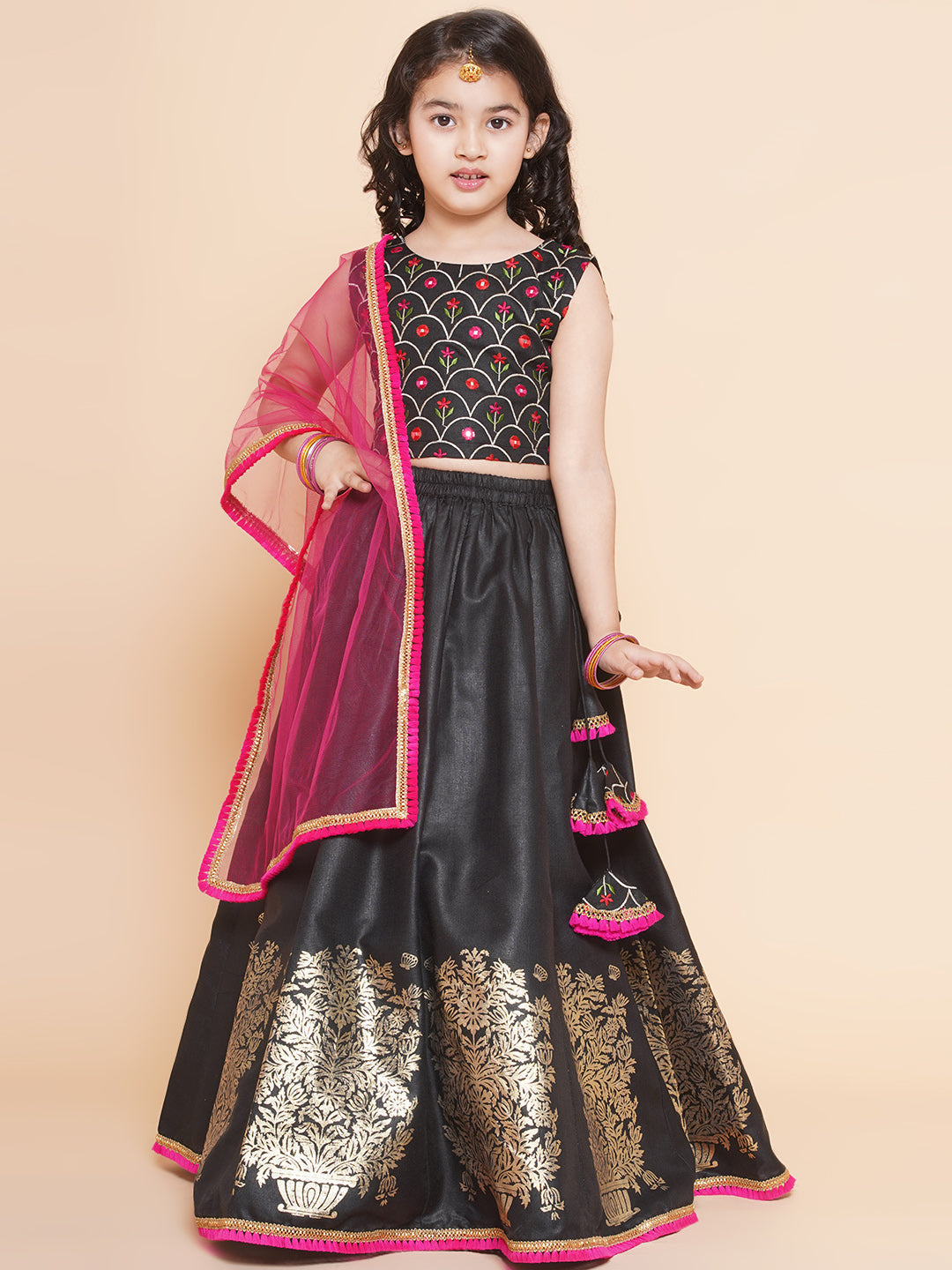 Girls Black Embroidered Choli, With Printed Lehenga Has A Dupatta for Kids - Bhama - Distacart