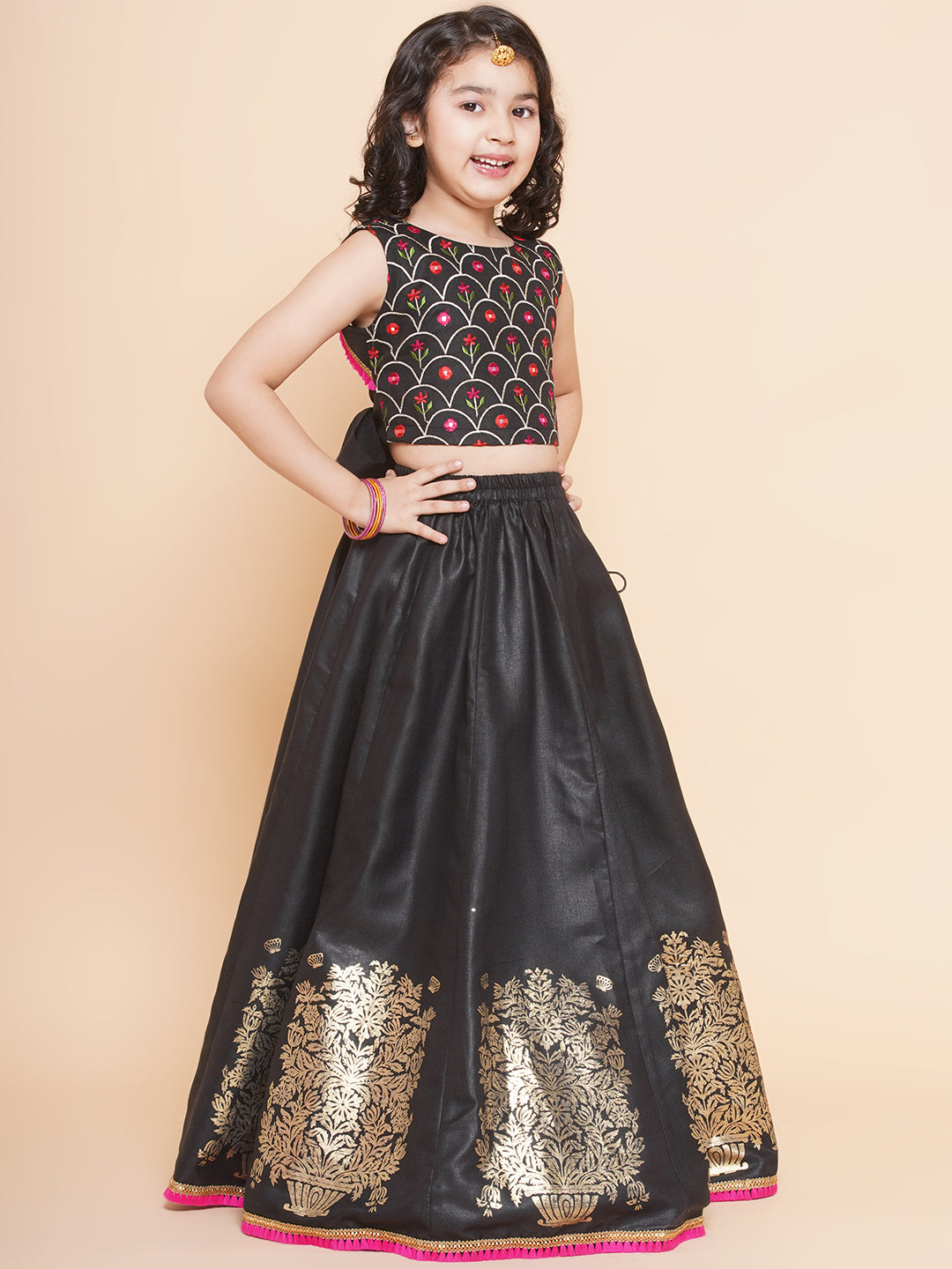 Girls Black Embroidered Choli, With Printed Lehenga Has A Dupatta for Kids - Bhama - Distacart
