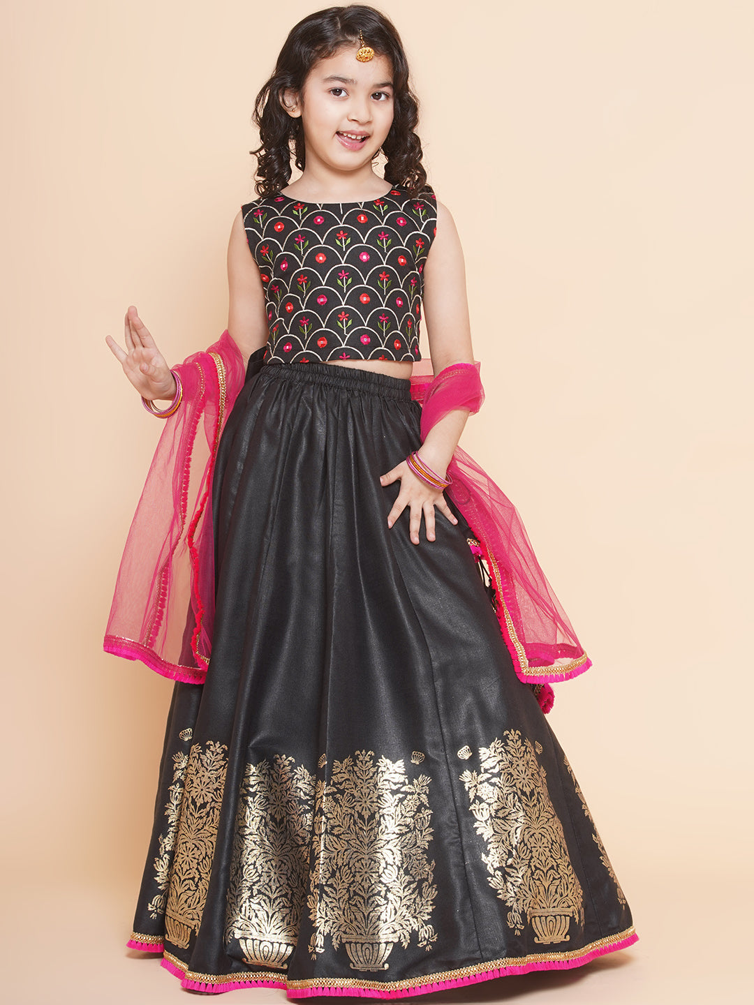 Girls Black Embroidered Choli, With Printed Lehenga Has A Dupatta for Kids - Bhama - Distacart