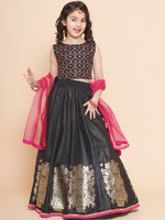 Thumbnail for Girls Black Embroidered Choli, With Printed Lehenga Has A Dupatta for Kids - Bhama - Distacart