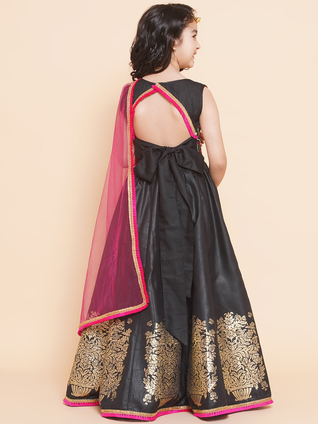 Girls Black Embroidered Choli, With Printed Lehenga Has A Dupatta for Kids - Bhama - Distacart