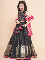 Thumbnail for Girls Black Embroidered Choli, With Printed Lehenga Has A Dupatta for Kids - Bhama - Distacart