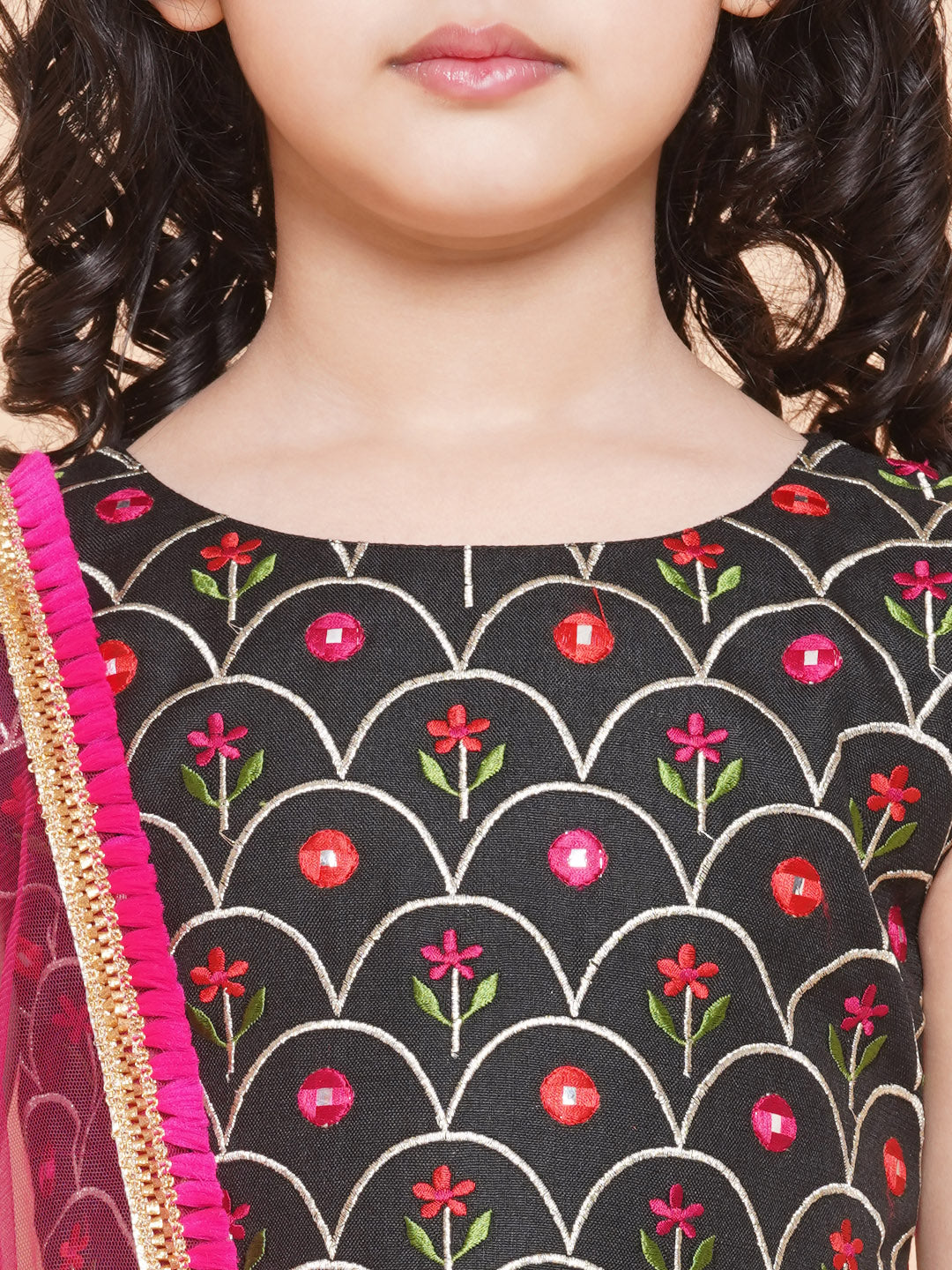 Girls Black Embroidered Choli, With Printed Lehenga Has A Dupatta for Kids - Bhama - Distacart