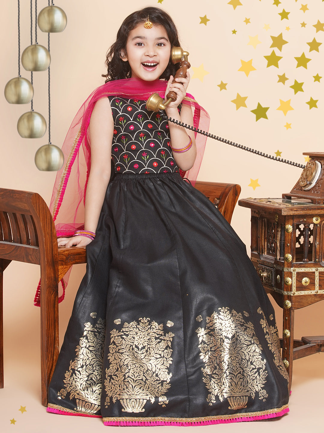 Girls Black Embroidered Choli, With Printed Lehenga Has A Dupatta for Kids - Bhama - Distacart