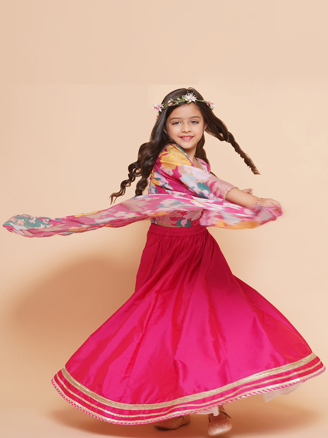 Girls Pink Floral Print Top & Shrug With Ready to wear Skirts for Kids - Bhama - Distacart