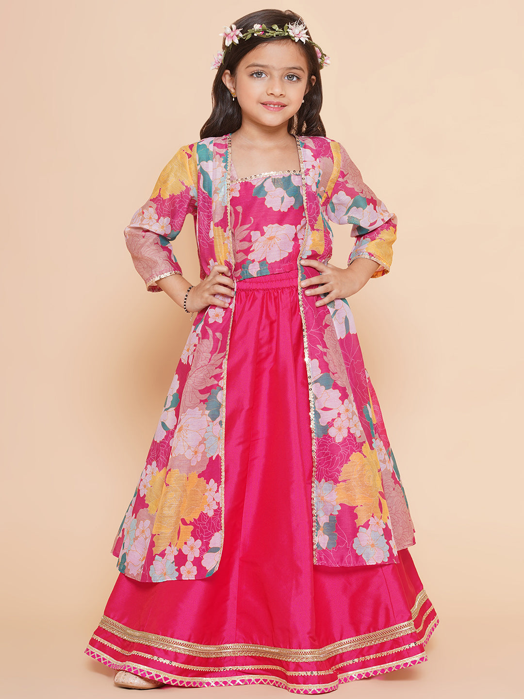Girls Pink Floral Print Top & Shrug With Ready to wear Skirts for Kids - Bhama - Distacart
