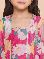 Thumbnail for Girls Pink Floral Print Top & Shrug With Ready to wear Skirts for Kids - Bhama - Distacart