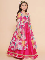 Thumbnail for Girls Pink Floral Print Top & Shrug With Ready to wear Skirts for Kids - Bhama - Distacart