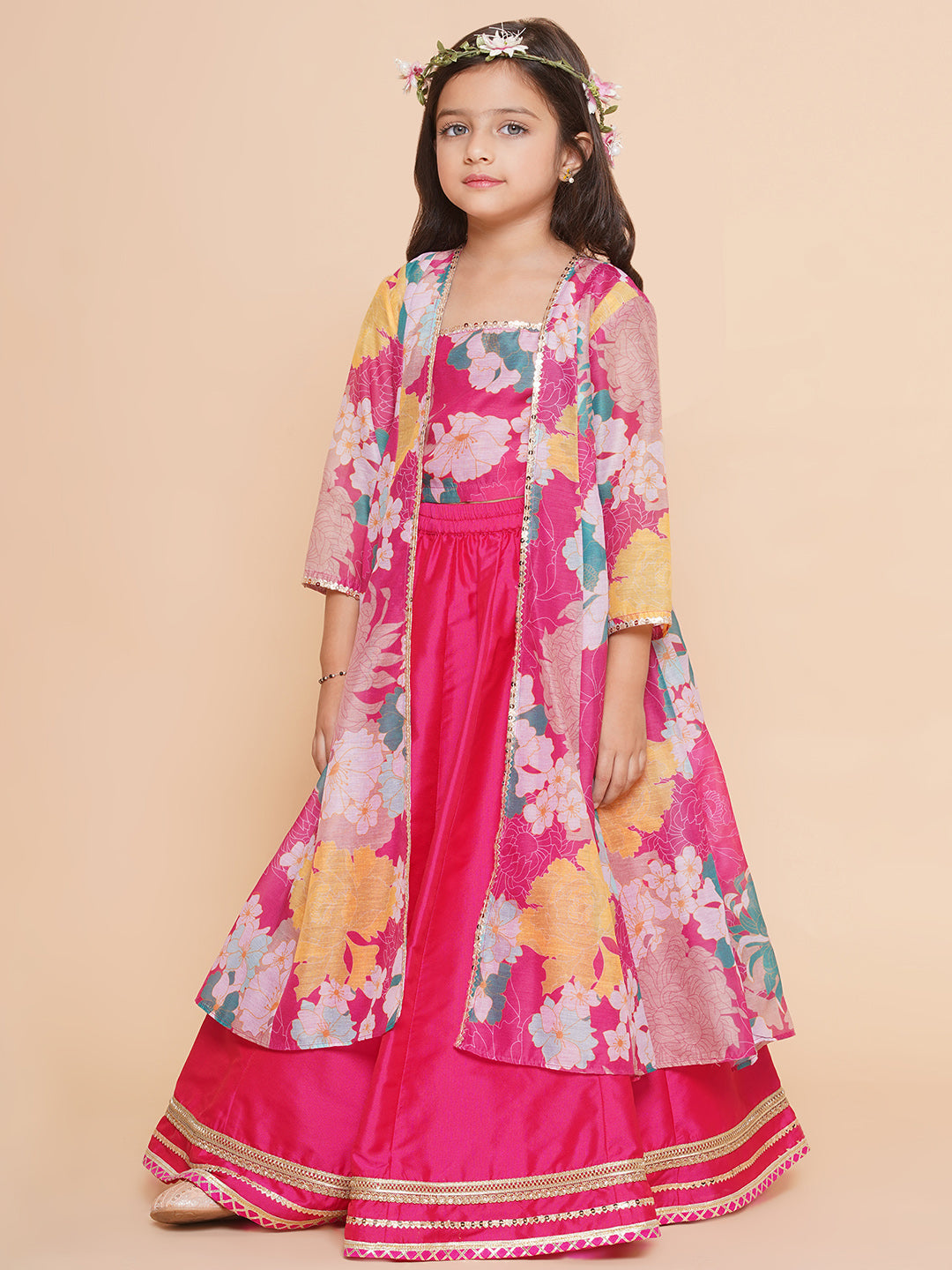 Girls Pink Floral Print Top & Shrug With Ready to wear Skirts for Kids - Bhama - Distacart