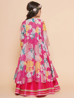 Thumbnail for Girls Pink Floral Print Top & Shrug With Ready to wear Skirts for Kids - Bhama - Distacart