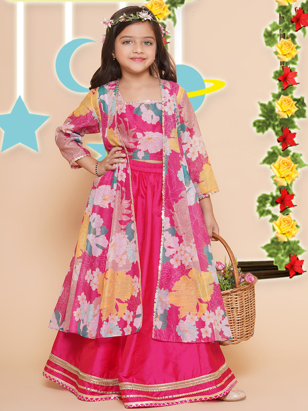 Girls Pink Floral Print Top & Shrug With Ready to wear Skirts for Kids - Bhama - Distacart