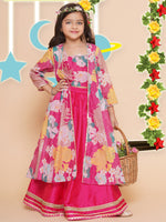 Thumbnail for Girls Pink Floral Print Top & Shrug With Ready to wear Skirts for Kids - Bhama - Distacart