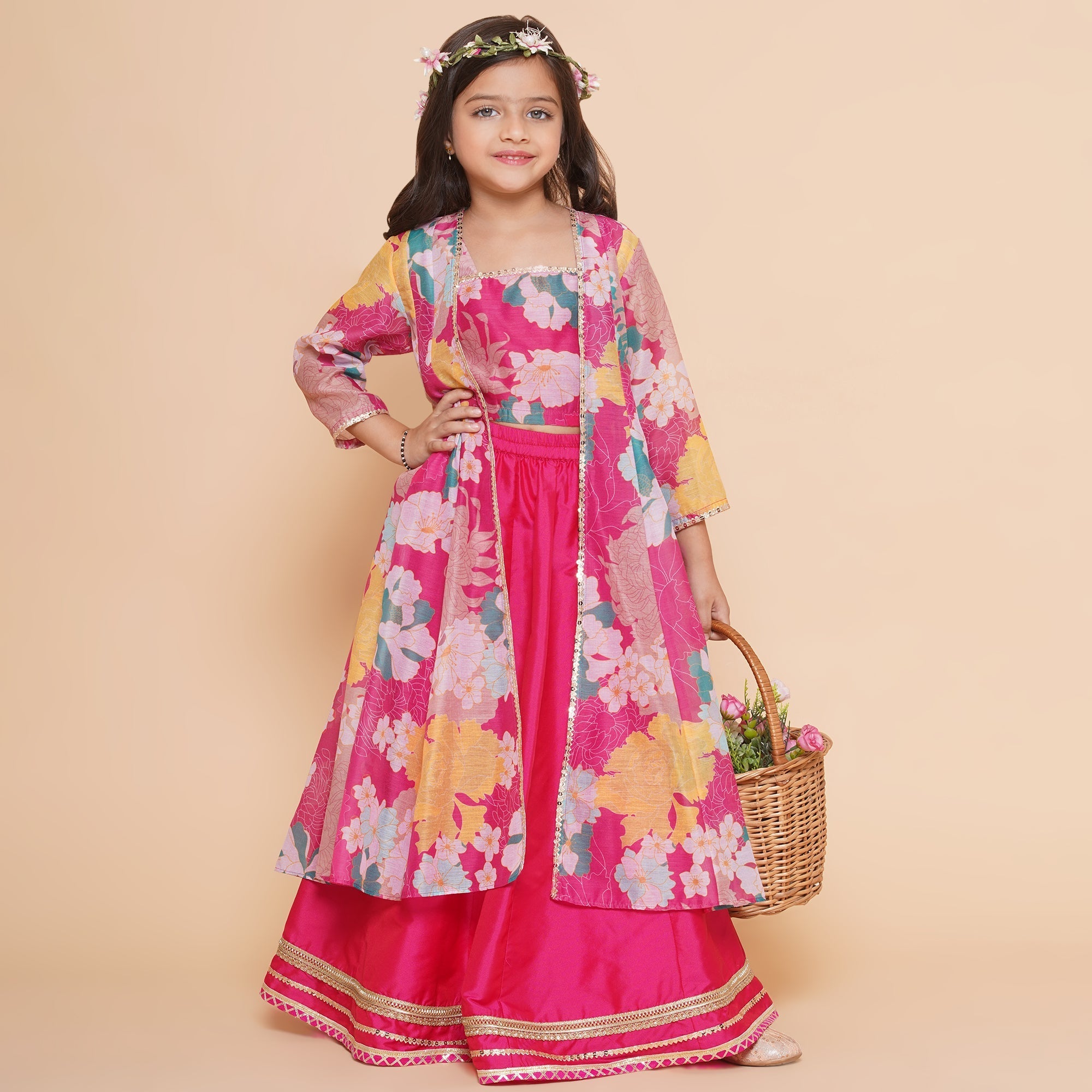 Girls Pink Floral Print Top & Shrug With Ready to wear Skirts for Kids - Bhama - Distacart