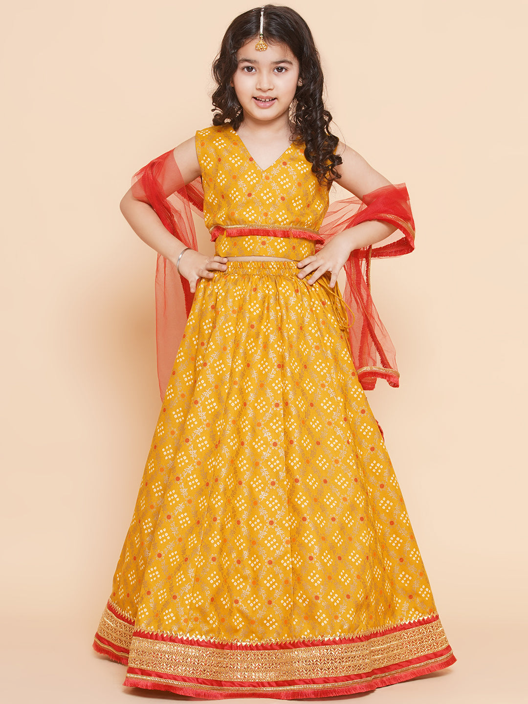 Girls Yellow Mustard Bandhej Printed Lace Work Lehanga,Choli With Dupatta. for Kids - Bhama - Distacart