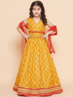 Thumbnail for Girls Yellow Mustard Bandhej Printed Lace Work Lehanga,Choli With Dupatta. for Kids - Bhama - Distacart