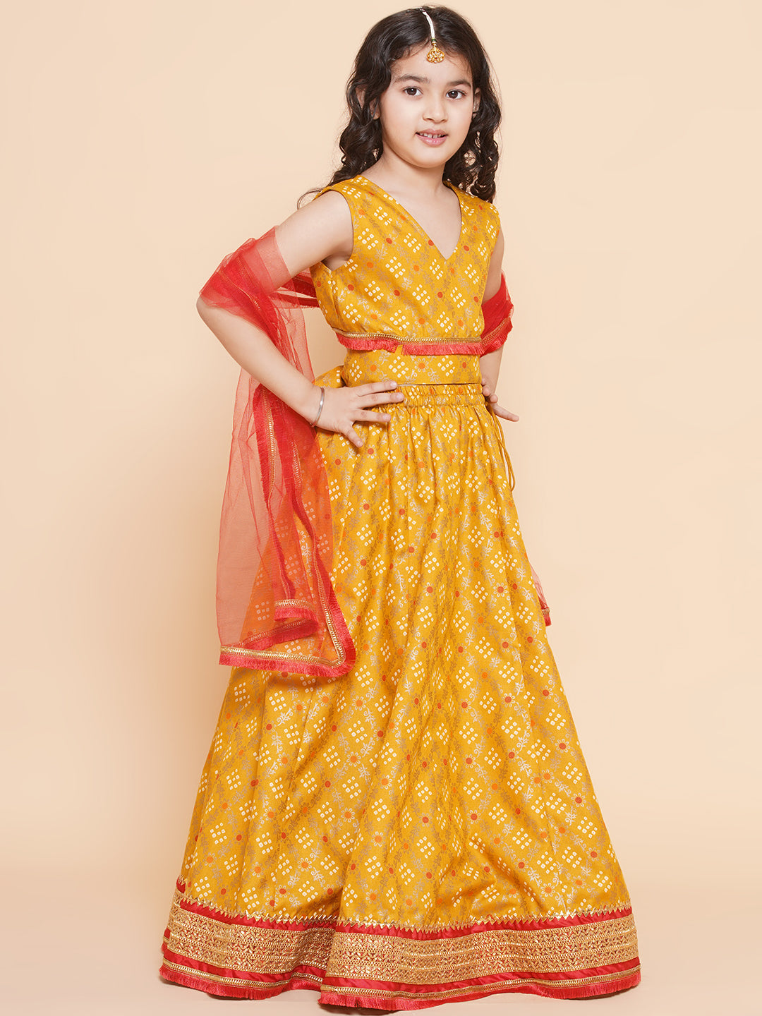 Girls Yellow Mustard Bandhej Printed Lace Work Lehanga,Choli With Dupatta. for Kids - Bhama - Distacart