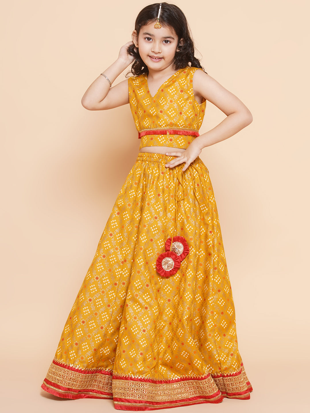 Girls Yellow Mustard Bandhej Printed Lace Work Lehanga,Choli With Dupatta. for Kids - Bhama - Distacart