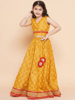 Thumbnail for Girls Yellow Mustard Bandhej Printed Lace Work Lehanga,Choli With Dupatta. for Kids - Bhama - Distacart