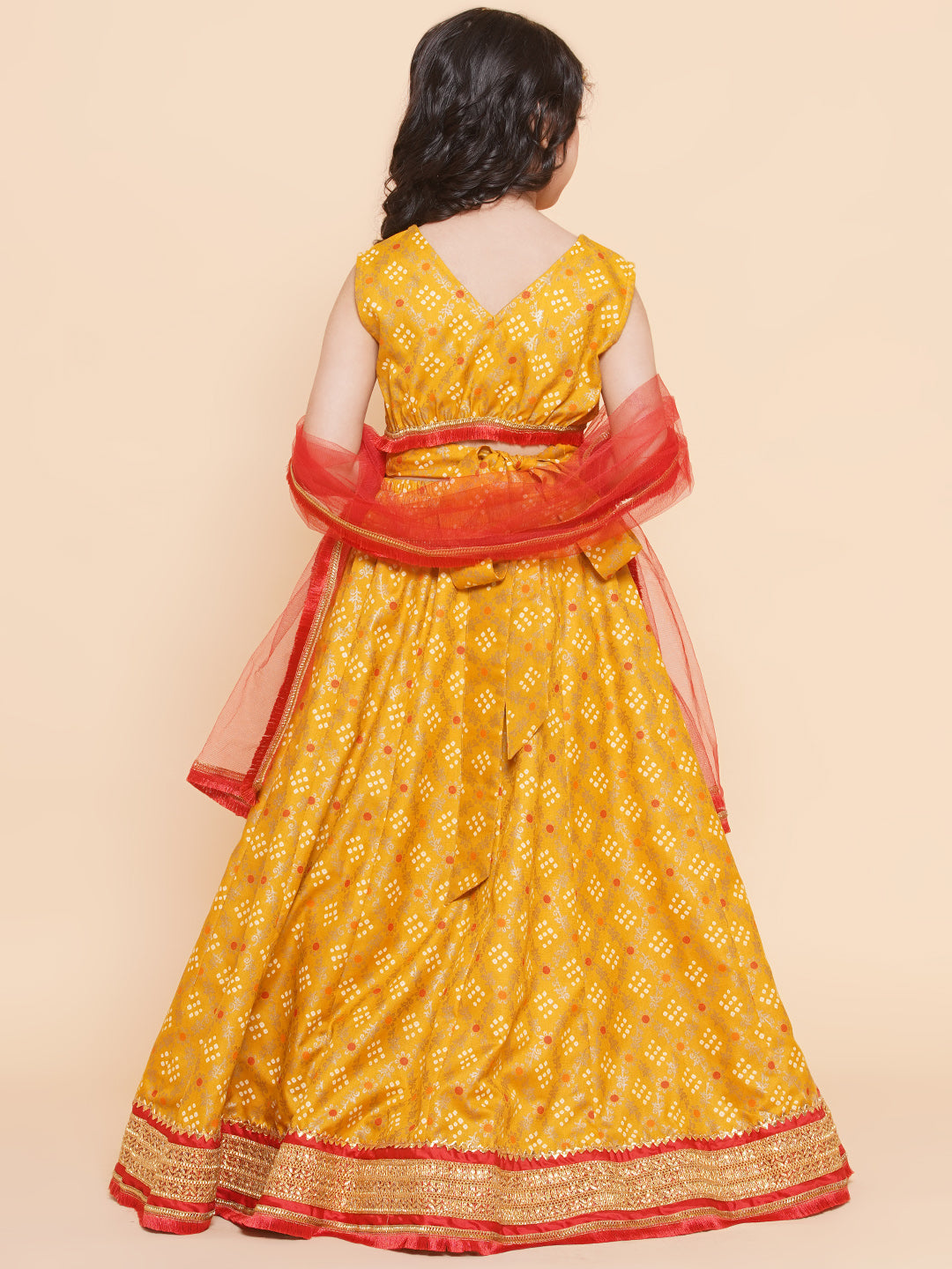 Girls Yellow Mustard Bandhej Printed Lace Work Lehanga,Choli With Dupatta. for Kids - Bhama - Distacart