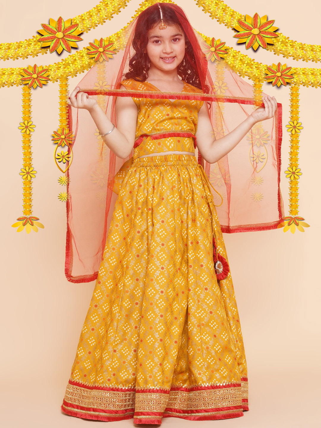 Girls Yellow Mustard Bandhej Printed Lace Work Lehanga,Choli With Dupatta. for Kids - Bhama - Distacart