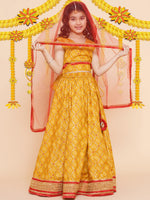 Thumbnail for Girls Yellow Mustard Bandhej Printed Lace Work Lehanga,Choli With Dupatta. for Kids - Bhama - Distacart
